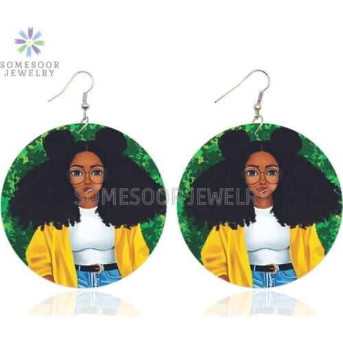SOMESOOR Cute Curls Girl Wooden Drop Earrings Afrocentric Natural Hair Printed 6CM Big Wood Round Loops Jewelry For Women Gifts