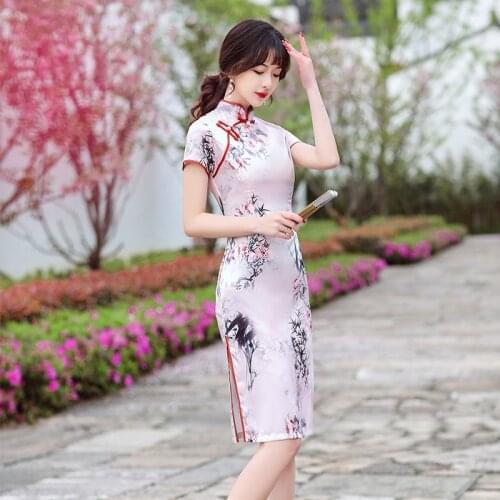 Chinese Tranditional Cheongsam Mid-Length Girly Retro Slim Improved Dress Youth Fashion Stand-Up Collar Half Sleeve Tang Suit
