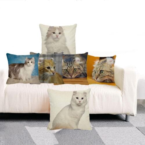 XUNYU Cute Cat Cushion Cover American Curly Cat Print Linen Seat Sofa Car Home Decorative Throw Pillow Case 45x45 Cm D0041