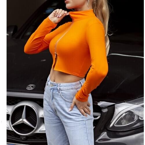 Women Zipper Cardigans Long Sleeve Crop Top High Neck Knitted Sweaters Slim Orange Autumn Tops Casual Sweater Femme Vestidos