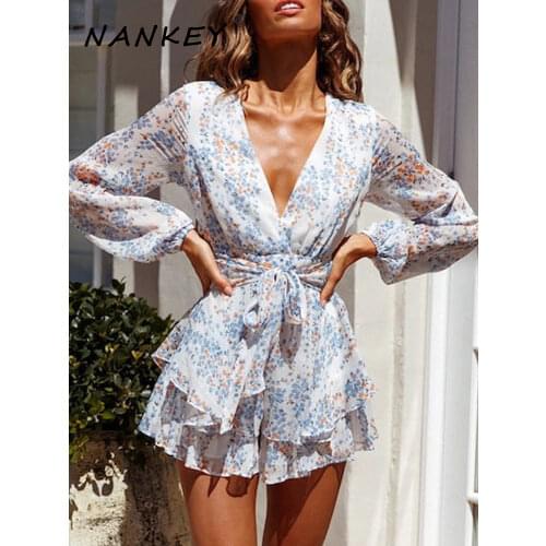 NANKEY Rompers Womens Jumpsuit 2021 Summer Elegant Print Beach Playsuit Belt V-Neck Long Sleeve Female Rompers Playsuit
