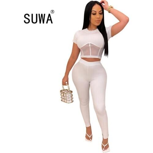Best match summer outfts women two piece set short sleeve mesh patchwork t-shirt top + bodycon stacked pants track suit