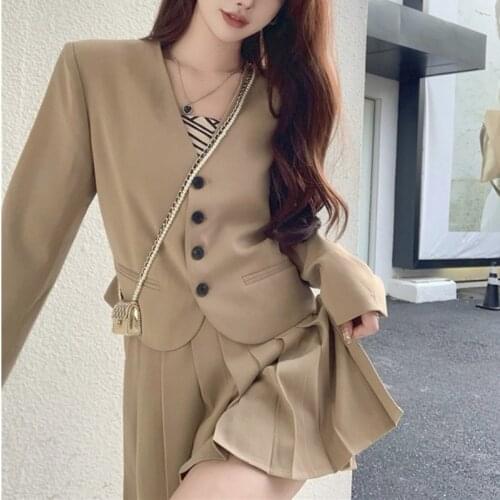2021 Autumn Casual Elegant Two Piece Set Woman High Street Korean Fashion Skirt Suits Long Sleeve Coat Design Mini Pleated Skirt