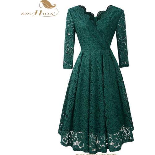 SISHION Long Sleeve Dress AY8111 Ladies High Quality Cross V Neck Swing Purple Blue Black Green Red Elegant Party Lace Dress