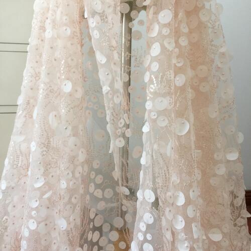 1 Yard Exquisite 3D Laser Cut Sequin Blossom Lace Fabric in Off White Tulle, 3D Flower Bridal Farbic Prom Dress Fabric Lace Yard