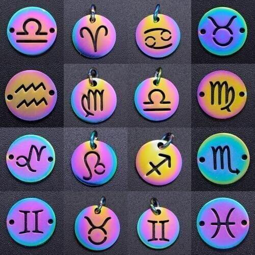 5pcs/lot Stainless Steel Rainbow Color Constellation diy Jewelry Making Connector Charm Wholesale Zodiac Sign Connectors Charms