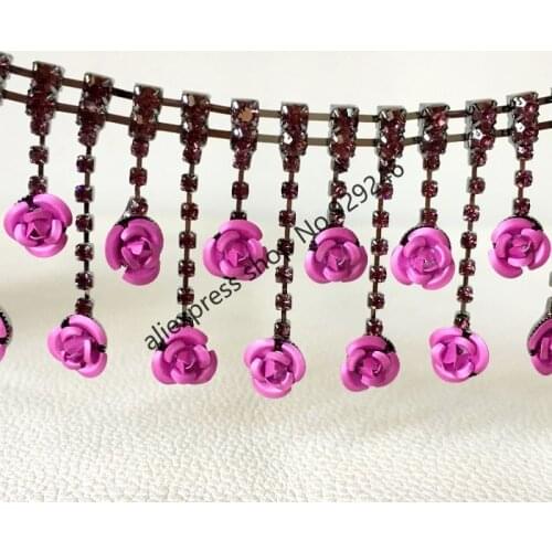90cm/pack 4cm black red pink blue flower crystal rhinestone chain with long fringes for dancing dress garment sewing decoration