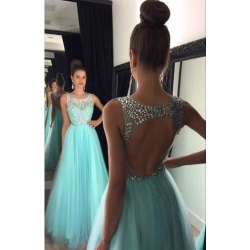 ANGELSBRIDEP Scoops Neck Long Evening Party Gowns Vestidos de festa Sexy Backless Beading Tulle Formal Birthday Prom Dress