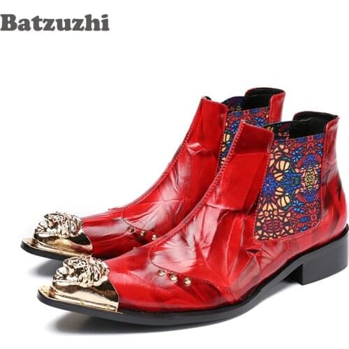 Batzuzhi Luxury Genuine Leather Mens Boots Pointed Metal Toe Mens Dress Boots Fashion Embroidered Mens Wedding Shoes Zapatos