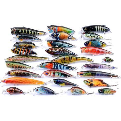 Free Shipping 28Pcs/Lot Mixed Vintage Fishing Lures Minnow Crank Popper Pencil VIB Bass Baits Wobblers Lifelike Tackle YU010