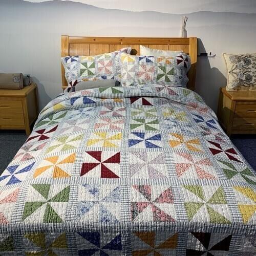 CHAUSUB Cotton Bedspreads For Bed Quilt Set 3pcs/2pcs Windmill Patchwork Quilts Pillowcase King Queen Twin Size Coverlet Blanket