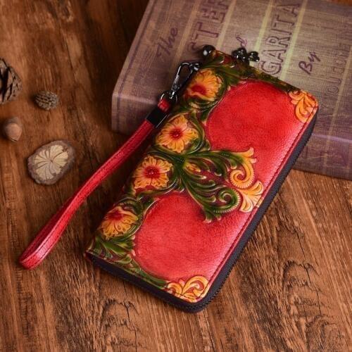 SOUTH GOOSE Women Genuine Leather Long Wallet Luxury Designer Female Purse Card Holder Embossed Floral Lady Wrist Clutch Bags