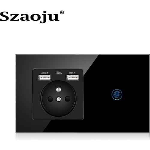 Szaoju French Touch Sensor Switch With Socket With USB Crystal Glass 146*86mm 220V 16A Wall Socket With Light Switch 1/2/3 Gang