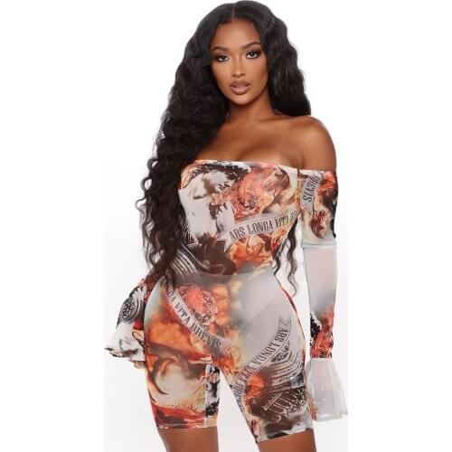 Sexy Sheer Mesh Print Body Playsuit Jumpsuit Women Vintage Off Shoulder Flare Sleeve Shorts Bodycon Rompers Womens Jumpsuit