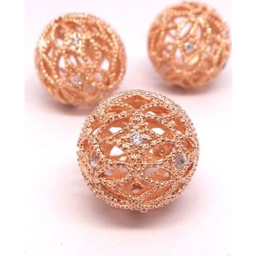 10mm 12mm 14mm Micro Pave Zircon CZ Filigree Round Ball European Charms Rose Gold Plated Brass DIY Findings Bracelet Making