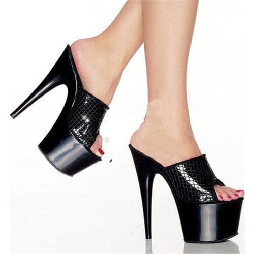 Summer fashion leather open-toe stage 15 cm platform sexy sandals, check vamp 6 inch high heels slippers