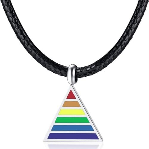 2021 LGBT Fashion Titanium Steel Triangle Rainbow Personalized Pendant Necklace Wax Rope European And American Hip Hop Jewelry
