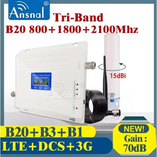 Hot!! B20 LTE 800 1800 2100Mhz Tri-Band Cellphone Cellular Booster GSM Repeater 2g 3g 4g Network Cellular Amplifier LTE DCS LTE