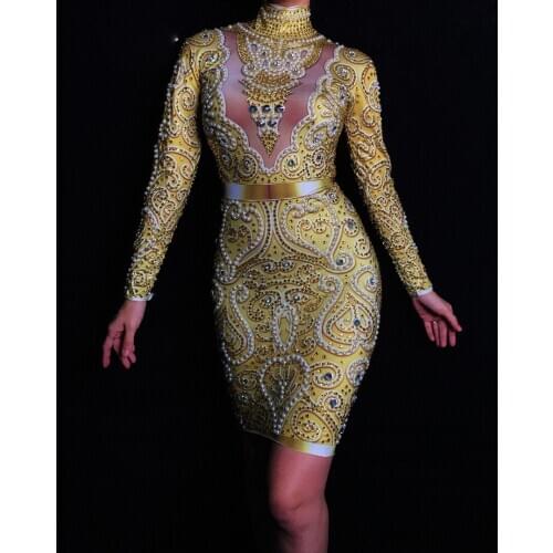 Fashion Rhinestones Pearls Dress Long Sleeves Womens Gold Dress Female Singer Clothes Birthday Celebrate Evening Wear Dress
