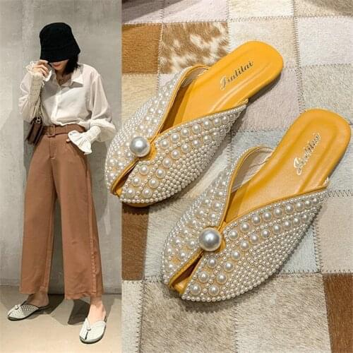 2021 Summer New Style Pearl Baotou Half Drag Girl Korean Sweet Fairy Style Flat Sandals And Slippers Women