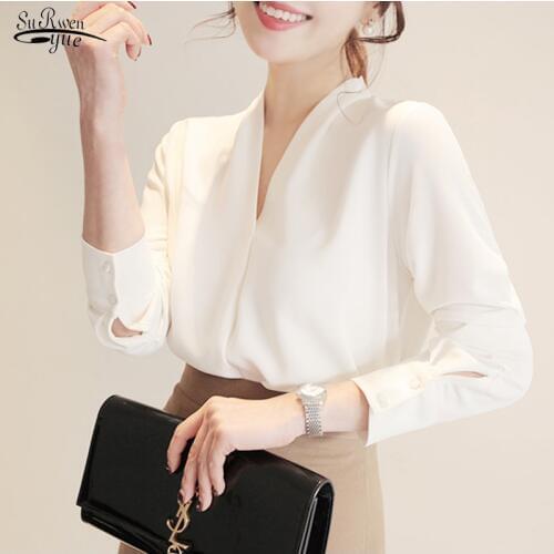 New Korean Casual Women Tops Long Sleeve V-neck Solid Elegant Women Blouses Loose Women Chiffon Shirts Blusas Mujer 6077 50