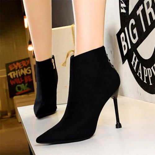 Autumn Elegant Solid Flock Ladies Office Shoes High Heels Stiletto Party Sexy Short Boots Women Pointed Toe Zipper Dress Pumps