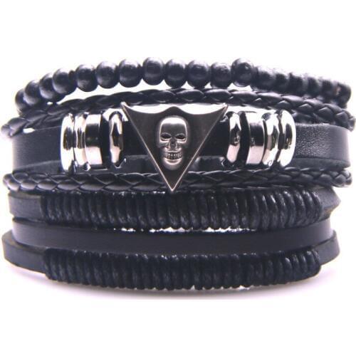 Punk Mens Leather Bracelet Multilayer Leather Alloy Beads Bracelet for Women Nautical Jewelry Skull Bracelet Adjustable Size