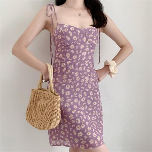 New Sexy Summer Daisy Flower Print Purple Suspender Mini Dress Retro Slash Neck A Line Strap Dress Small Girl Slim Holiday Dress