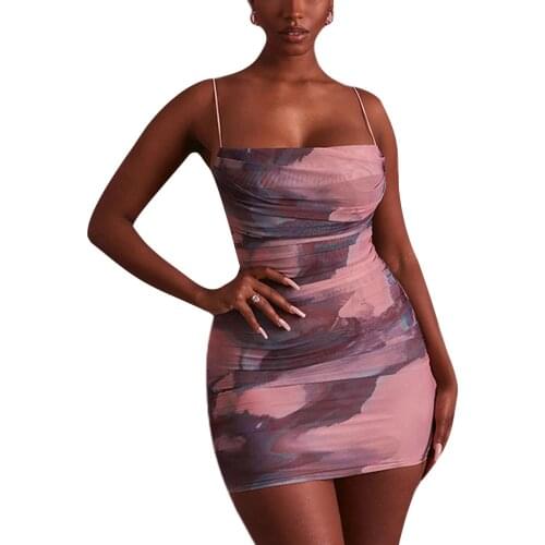 Women Summer Ruched Dress, Adults Tie-up Gradient Print Boat Neck Cross Spaghetti Strap