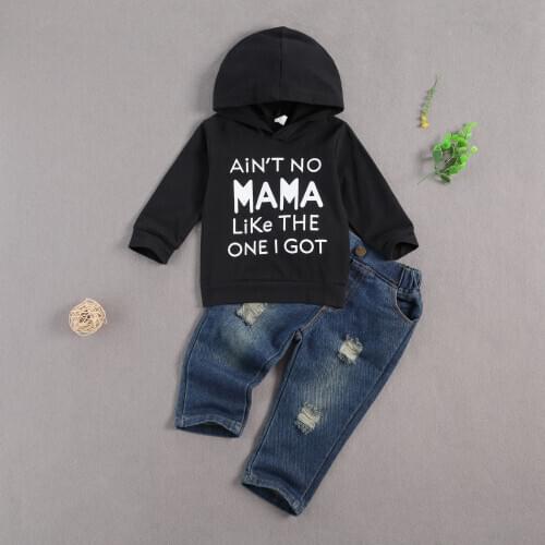 Pudcoco 2 Pieces Kids Suit Set Boys Letter Print Long Sleeve Hooded Pullover+ Ripped Jeans casual clothing Gray/Black 6M to 3Y