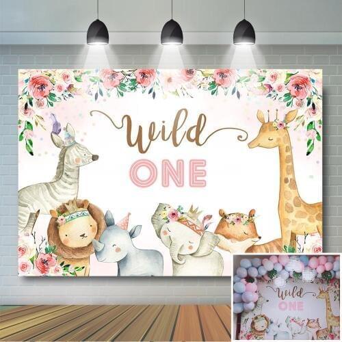 Safari Wild One Backdrop Pink Floral Jungle Animals Girl 1st Birthday Background Girls First Birthday Party Banner Decoration
