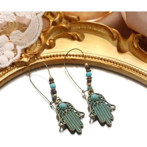Fashion Ancient Colour Pierced Fatima hamsa Hand Hook Earrings Dangle Drop Brincos For Women Girl Bohemian earrings серьги