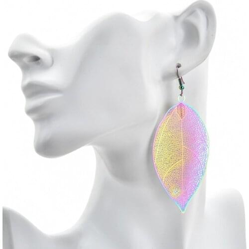 European and American fashion temperament large leaf stainless steel earrings womens magic color long fringed earrings ER-391