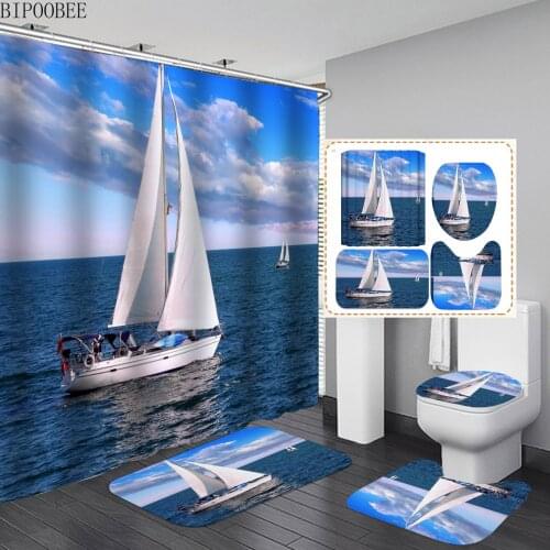 Sea Scenery Sailboat Printed Shower Curtain Boat Ocean Bathroom Curtains Set Flannel Toilet Cover Non-slip Rugs Bath Mat