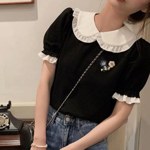 Korea Style Short Sleeve Kawaii Black Blouse and Tops Women Casual Floral Embroidery Shirts Female Y2k Crop Top 2021 Summer Chic