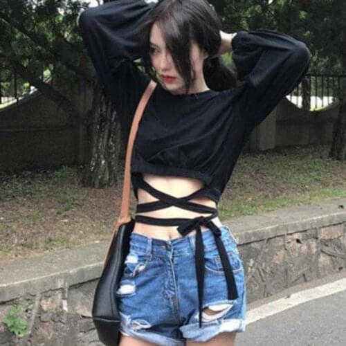 Womens T-shirt Spring and Autumn Korean Retro Temperament Waistband Navel Short Loose Sexy Round Neck Long Sleeve Top