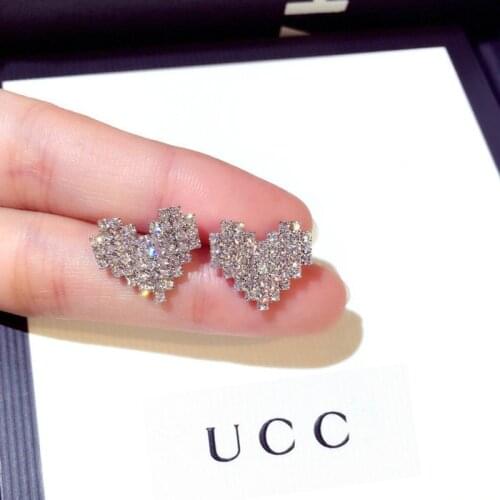 S925 Sterling Silver Color Cute Heart Bling Zircon Stone Stud Earrings for Women Korean Earrings Fashion Jewelry 2019 New