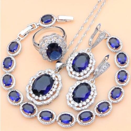 Bohemia Silver 925 Bridal Jewelry Sets Blue Stone Costume Jewelry Kits Jewelry For Women Bracelet Set Earrings and Ring Fashion