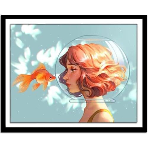 New Diamond Painting Full Of Diamond Cartoon Anime Goldfish Girl Living Room Children Bedroom Stickers Diamond Cross Stitch