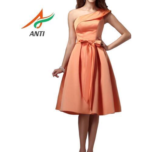 ANTI Fast Shipping Orange A-Line Vintage Satin Short Graduation Dresses 2019 One-Shoulder With Bow Sashes mezuniyet elbiseleri