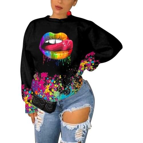 Lips Printed Black Crewneck Sweatshirt Women Winter Tops Oversized Cool Girls Casual Streetwear Fashion Pullover