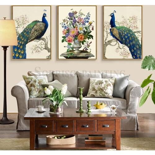 Europe Classic Peacock Vase Canvas Painting Wall Art For Living Room Home Dining Pictures Decor Hallway Prints Bedroom Posters