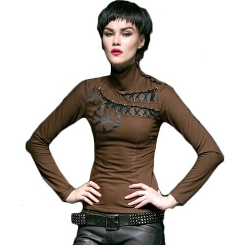 Gothic Punk Women Long Sleeve Turtleneck T-shirt Spring Slim Fit Cotton T-shirts Female Fashion Hollow Out Top Tshirt