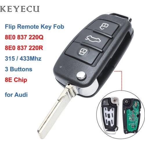 Keyecu 315 / 433MHz with 8E Electronic Chip P/N: 8E0 837 220Q R Flip 3 Buttons Remote Car Key Fob for Audi A6L 8E0837220Q