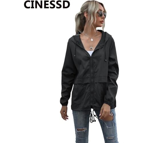 CINESSD Women Waterproof Coat Casual Jacket 2021 Black Hooded Long Sleeves Zipper Up Solid Raincoat Dark Blue Breathable Jackets