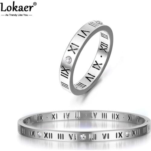 Lokaer Roman Numerals Bangles Rings Jewelry Sets Romantic Silver Color Stainless Steel CZ Crystal Wedding Ring Bangle Set SE031P