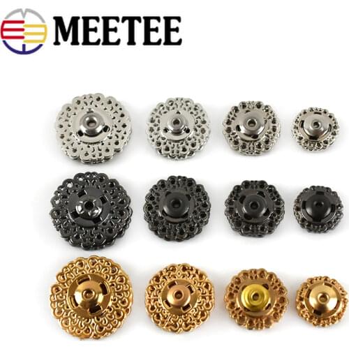 MEETEE 10pcs 15mm 21mm 25mm Metal Snap Button Hollow Flower Invisible Coat Buttons Fashion Suit Sewing Buckle Material D2-1