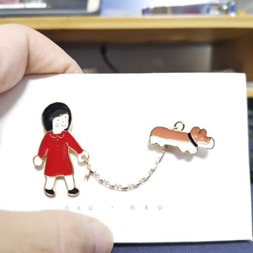 Metal Chain Enamel Brooch Cartoon Girl And Dog Lapel Pin For Backpacks Clothes Cute Animal Badges Jewelry Gift