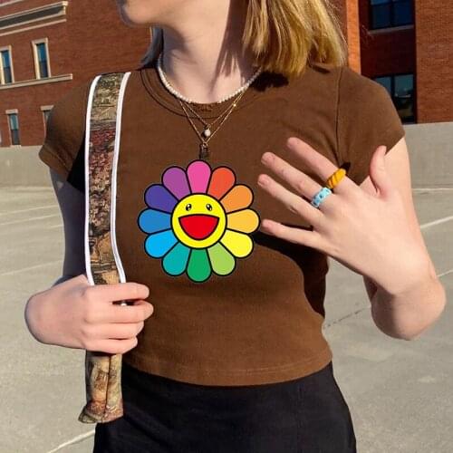 Fashion Casual T Shirt For Women Kawaii Seven-color Flower Graphics Harajukublack Crop Tops Summer Short Sleeve Female T-shirts