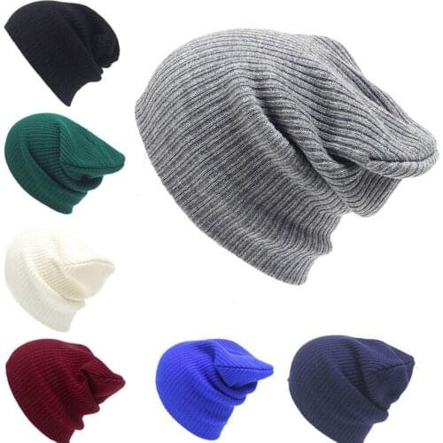 Men Women Beanie Knit Ski Hat Hip-Hop Winter Warm Unisex Wool Cap Solid Color Vertical Stripes Loose Head Wrap Hat